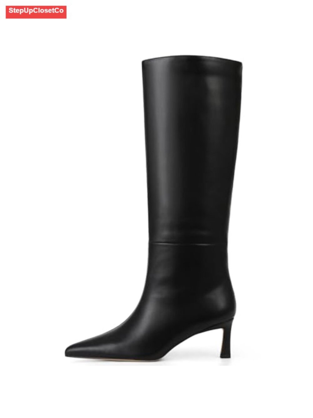 Womens Wide Calf Knee High Boots Faux Leather Kitten Heel Pointed Toe Pull On